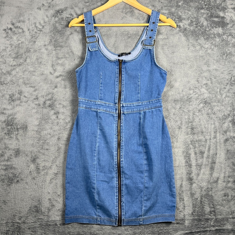 Haute Monde Mini Dress Women Medium Blue Denim Cotton Adjustable Strap Zip Front